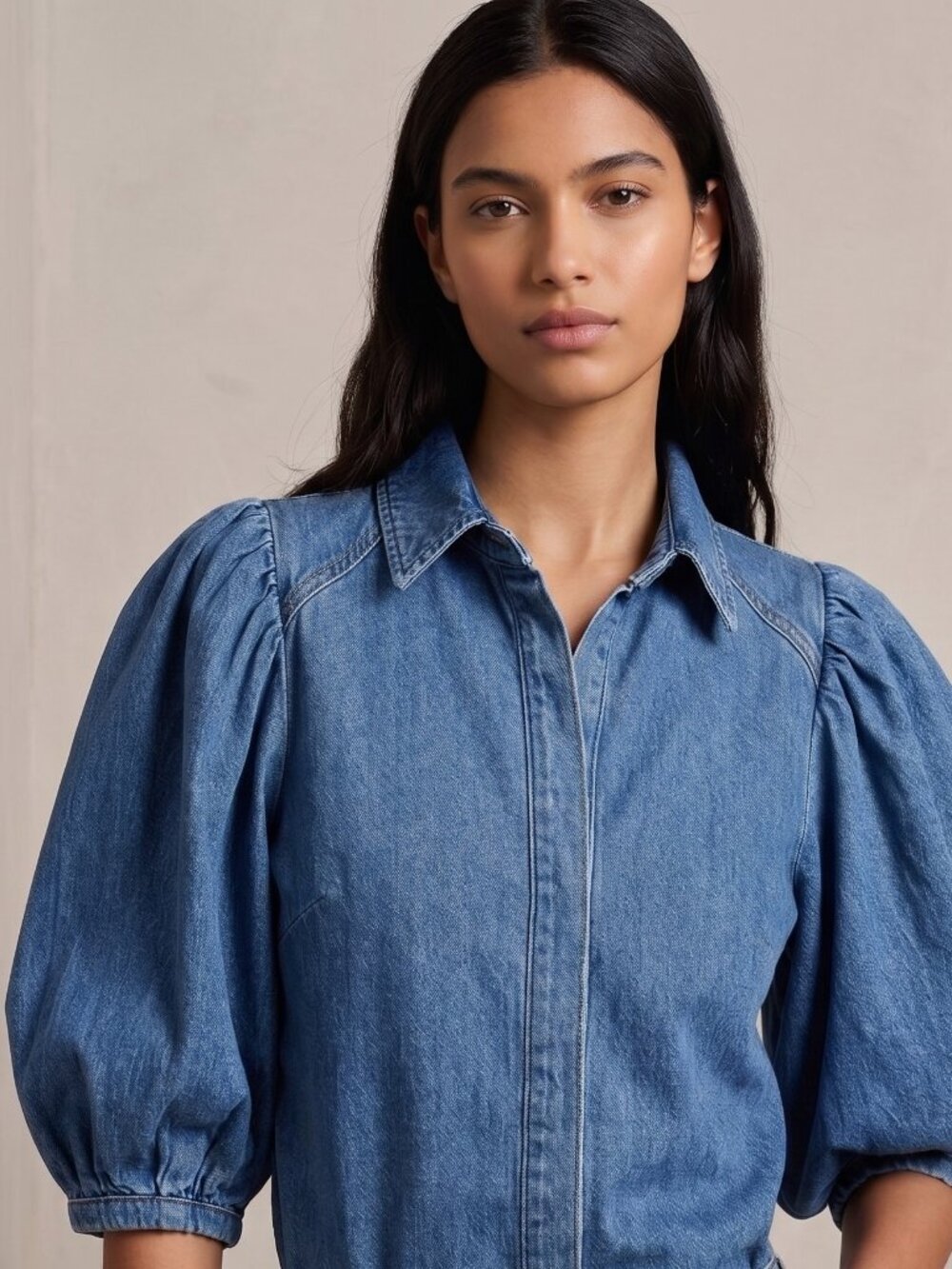 Zara Denim Puff Sleeve Blouse Top Small Blue Hidden Button Down Balloon Shirt